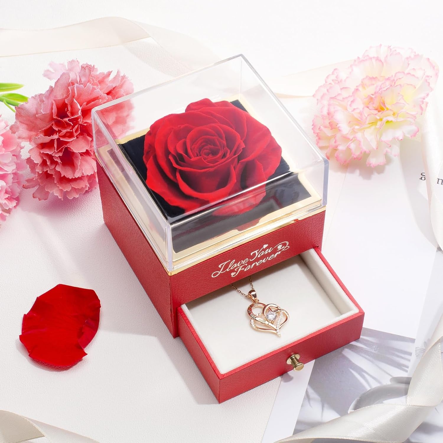 Forever Real Rose with Heart Necklace, Preserved Flowers Gifts for Mom, Wife And