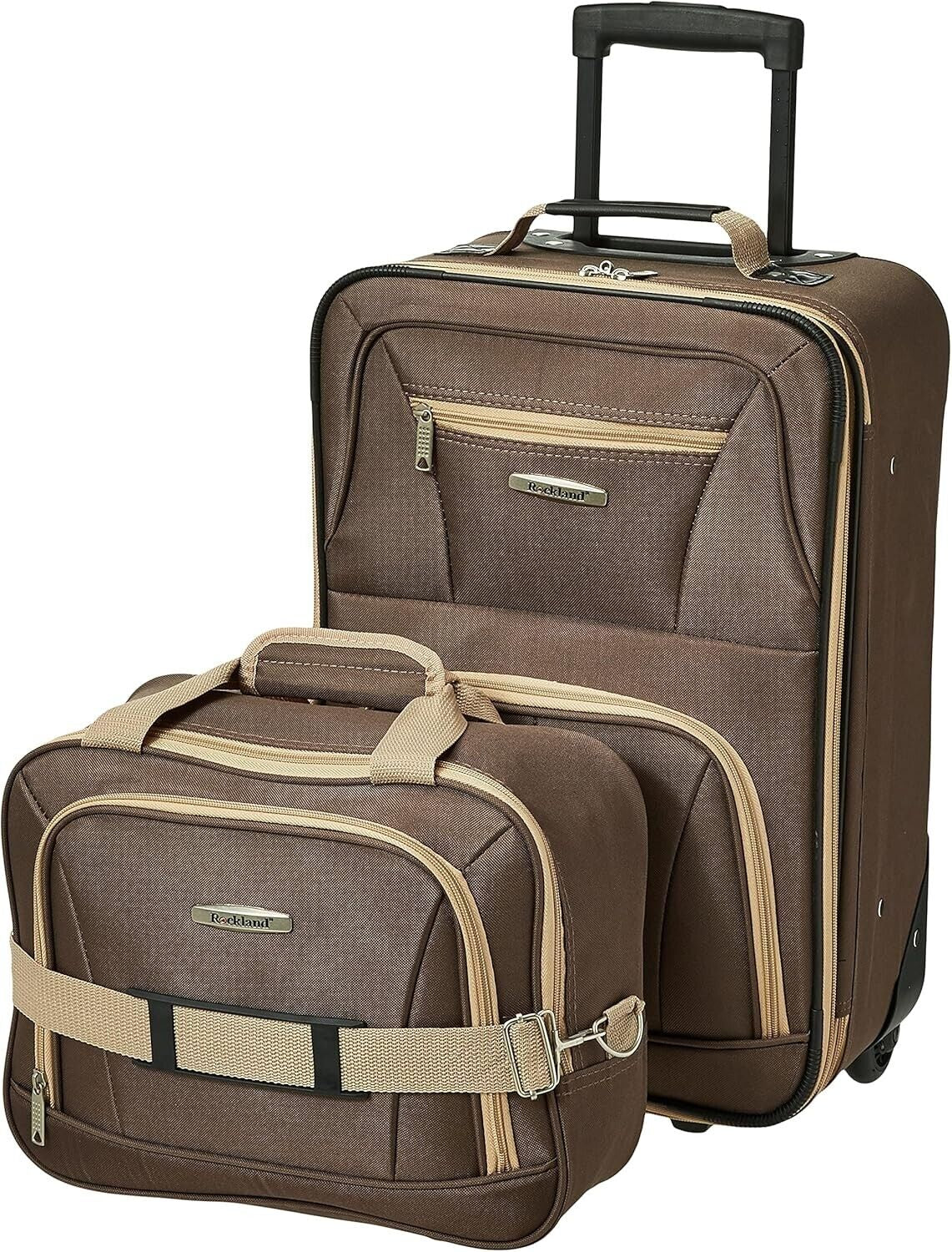 Rockland 2 Piece Expandable Softside Luggage Set Carry on Tote Bag Brown 19" 14"