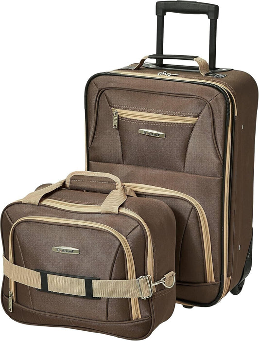 Rockland 2 Piece Expandable Softside Luggage Set Carry on Tote Bag Brown 19" 14"