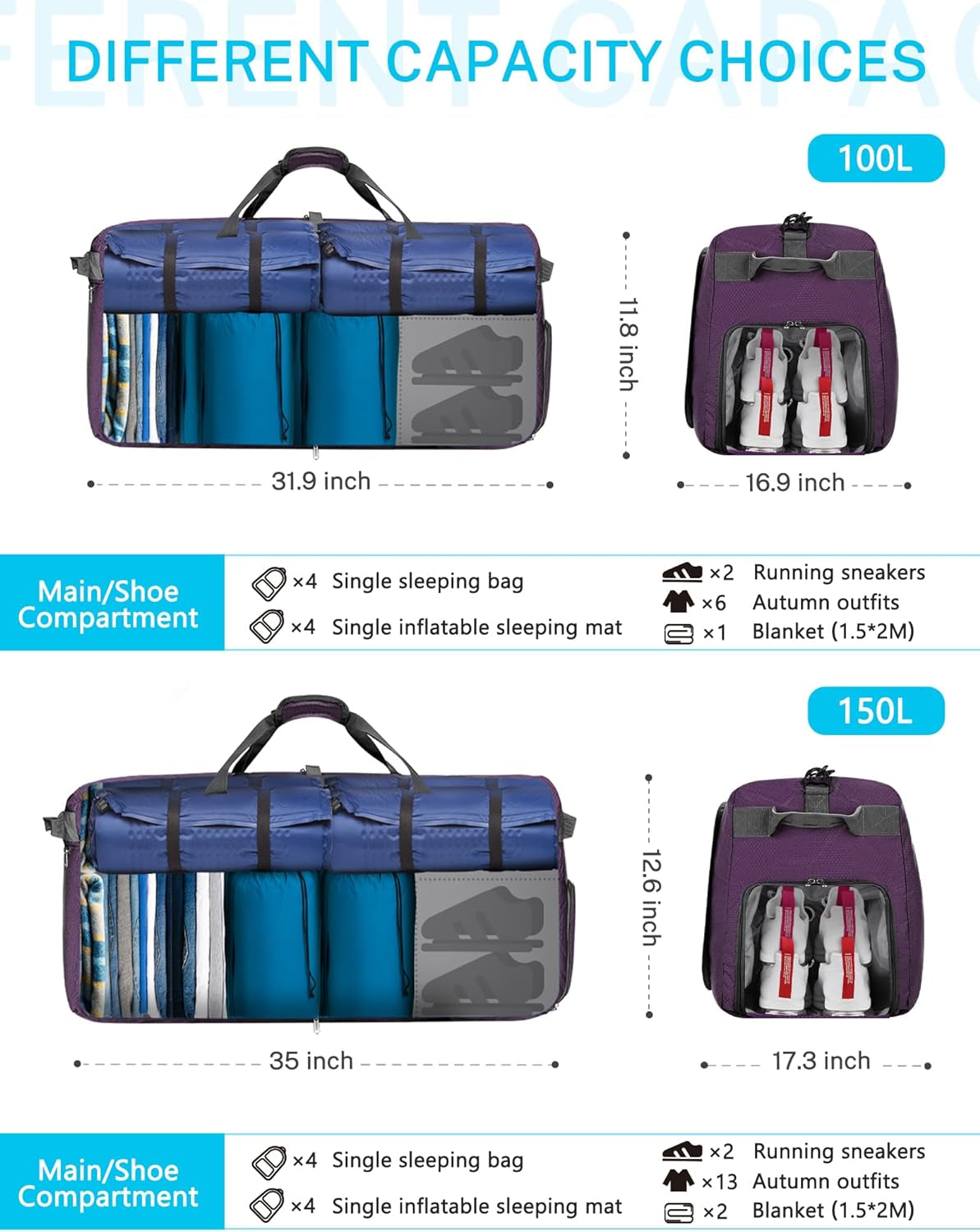 40L 60L 80L 100L 150L Large Foldable Travel Duffle Bag with Shoes Compartment, Packable Lightweight Water Repellent Duffel Bag for Camping Gym Weekender Bag