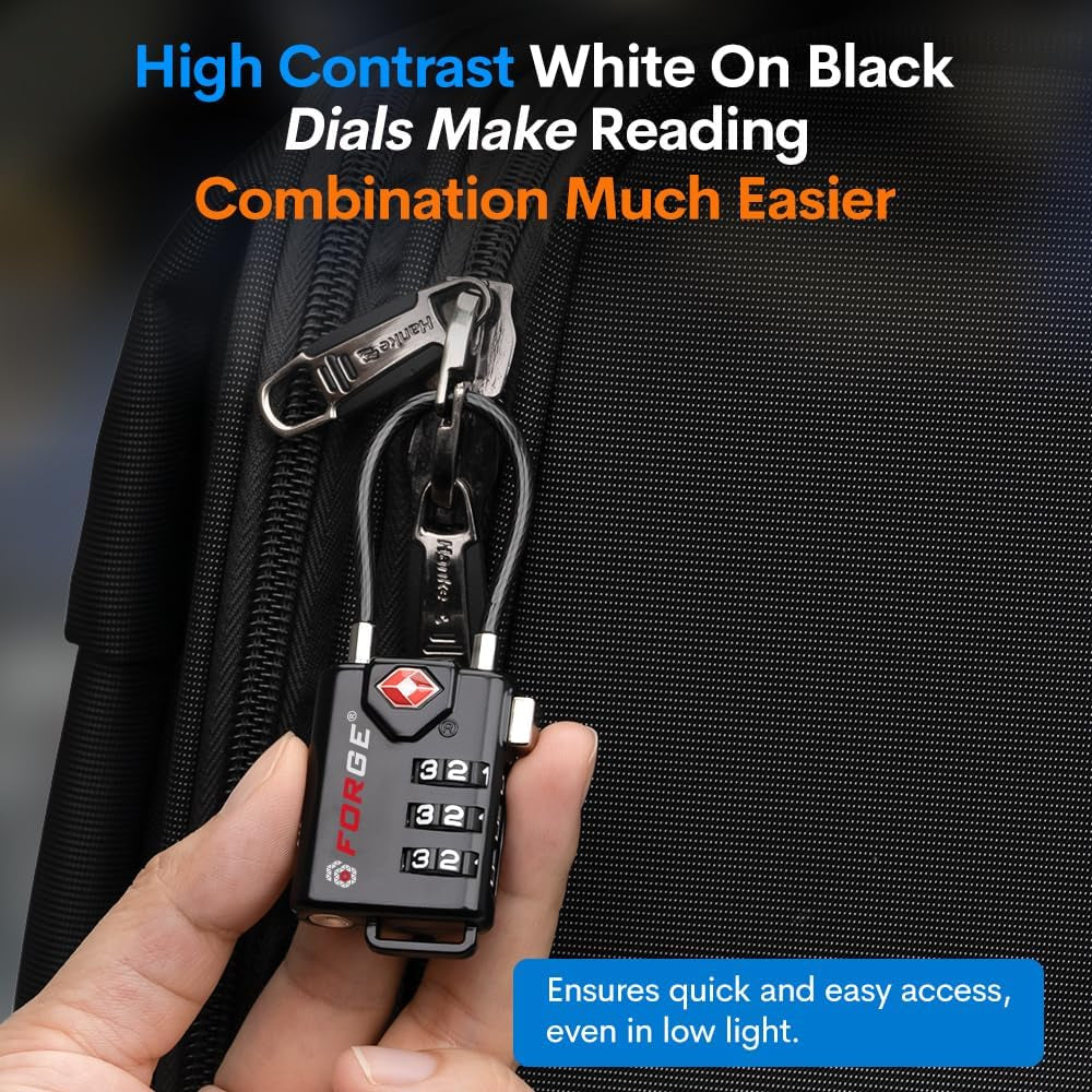 TSA Approved Cable Luggage Locks, Re-Settable Combination with Alloy Body, Black 1 Lock.