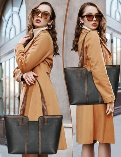 Women'S Vegan Leather Tote Purses with Zipper Casual Shoulder Orange Coffee