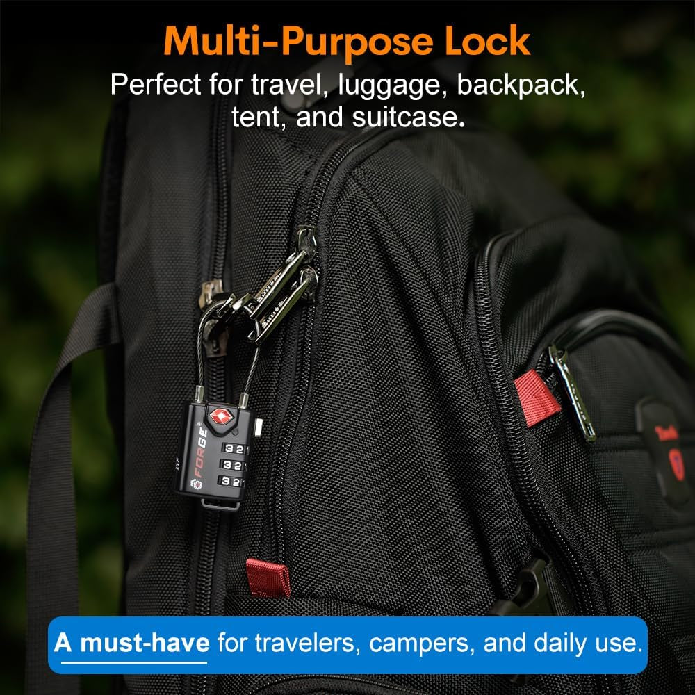 TSA Approved Cable Luggage Locks, Re-Settable Combination with Alloy Body, Black 1 Lock.