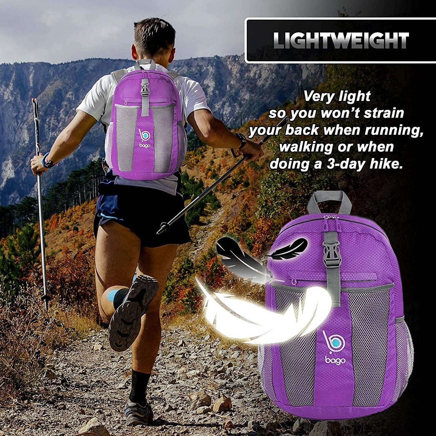 Lightweight Small Hiking Backpack for Women and Men - 25L Travel Day Pack - Foldable Hiking Daypack Ultralight for Camping Outdoor Sports - Day Bag Packable Backpack for Travel (Purple)