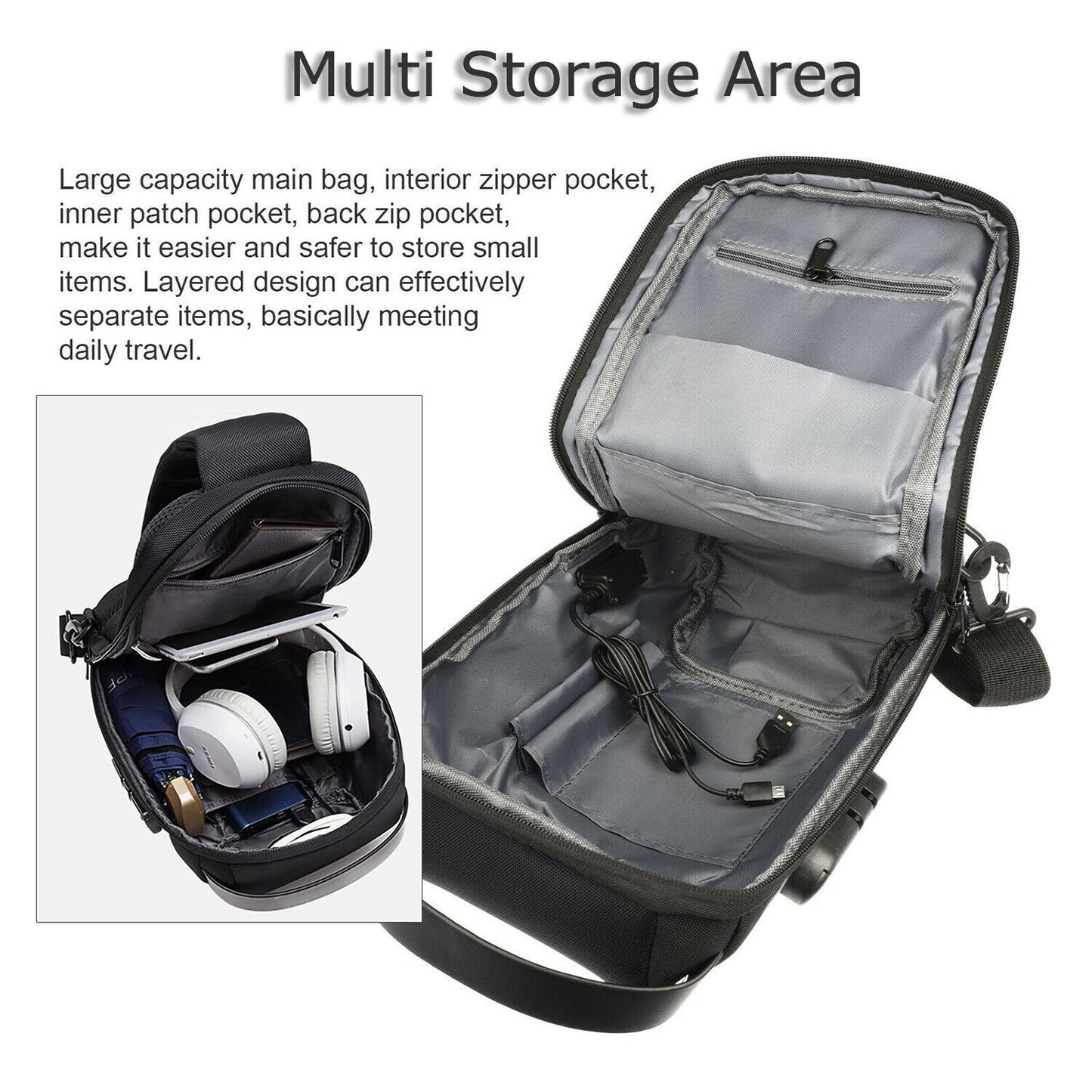 Anti Theft Sling Bag Waterproof Chest Bag Crossbody Backpack W/ USB Charge Port