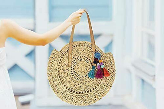 Beach Bag Straw Natural Chic Large round Bohemian Shoulder Hand Bag -Khaki