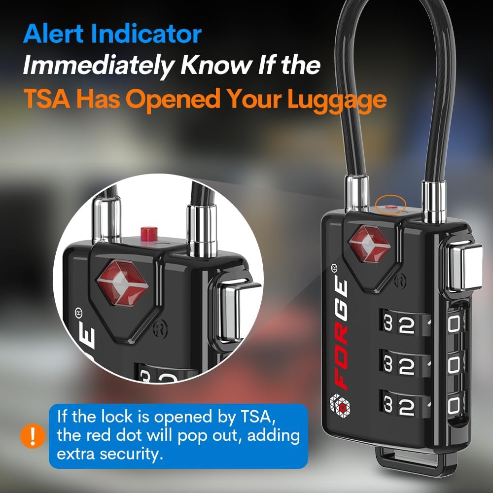 TSA Approved Cable Luggage Locks, Re-Settable Combination with Alloy Body, Black 1 Lock.